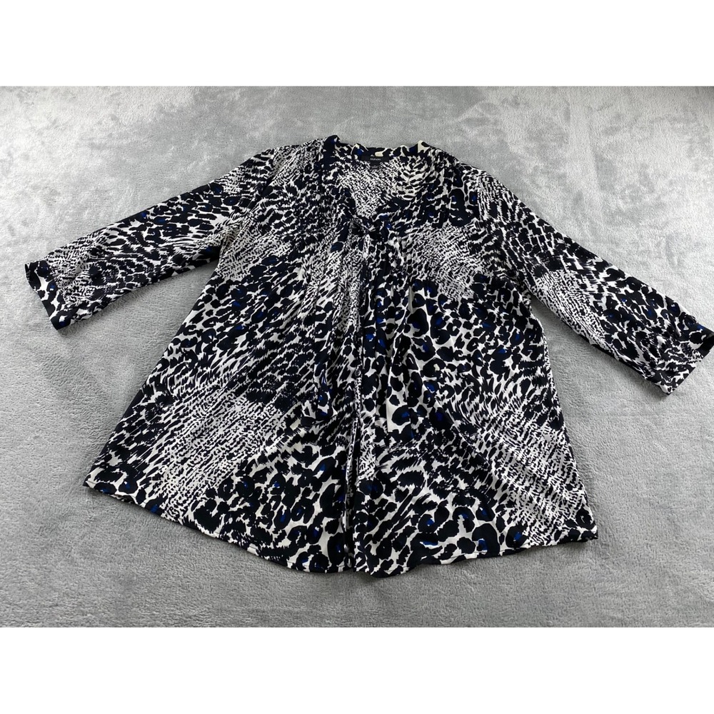 Alfani Womens 16 Blouse Black‎ Blue Animal Leopard Print Pleated 3/4 Sleeve Top